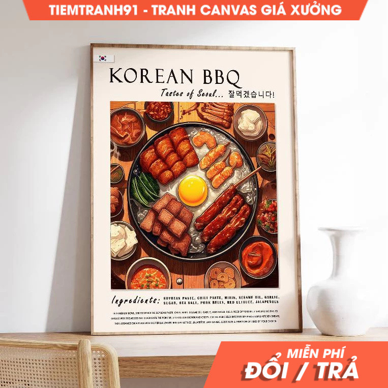 Tranh treo tường, Korean Barbecue, South Korean Food, Kitchen Decor, tặng kèm đinh treo, in theo yêu