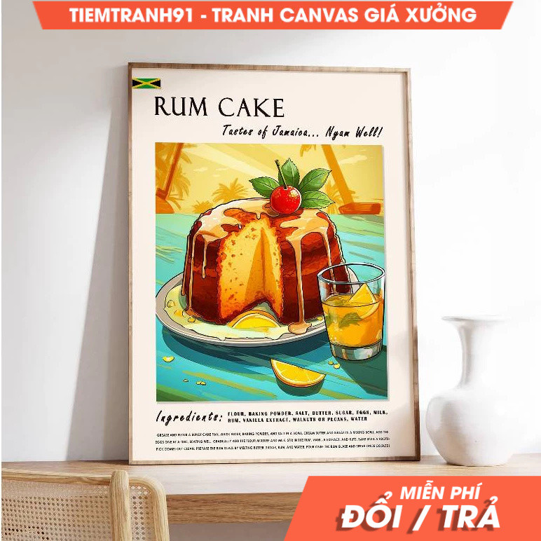 Tranh treo tường, Rum Cake Jamaican Food Poster, Jamaican Food Art, Kitchen Decor, tặng kèm đinh tre