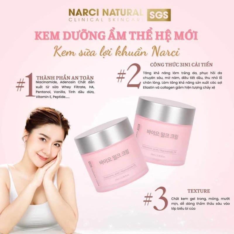 (VAT) Kem dưỡng Narci Natural bio milk cream 70ml - hạn 2027 Hàn Quốc   CC150