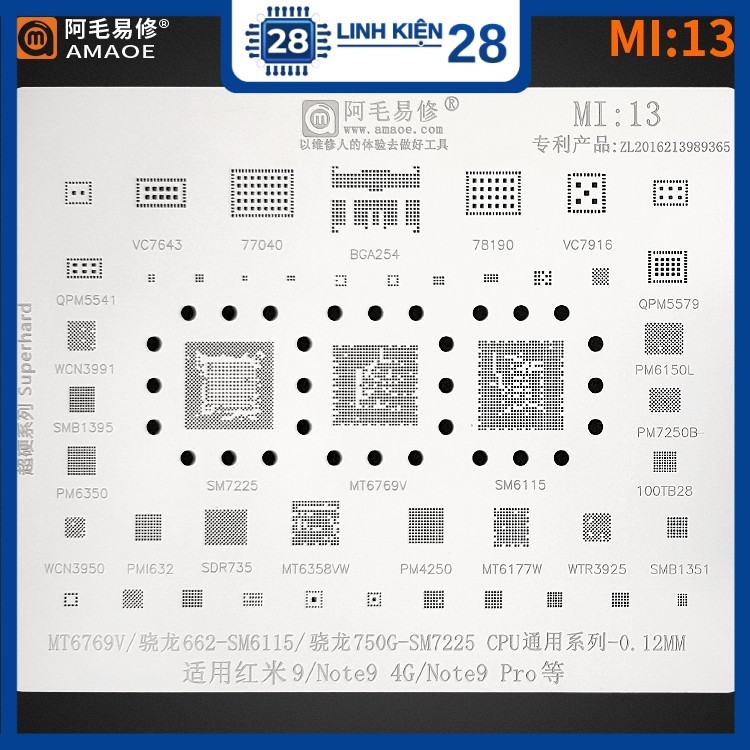 Vỉ làm chân MI13 cho Redmi 9/ Note 9 4G/Note 9 Pro SM7225,MT6769V,SM6115, MT6177W,MT6358VW, PM6150L,