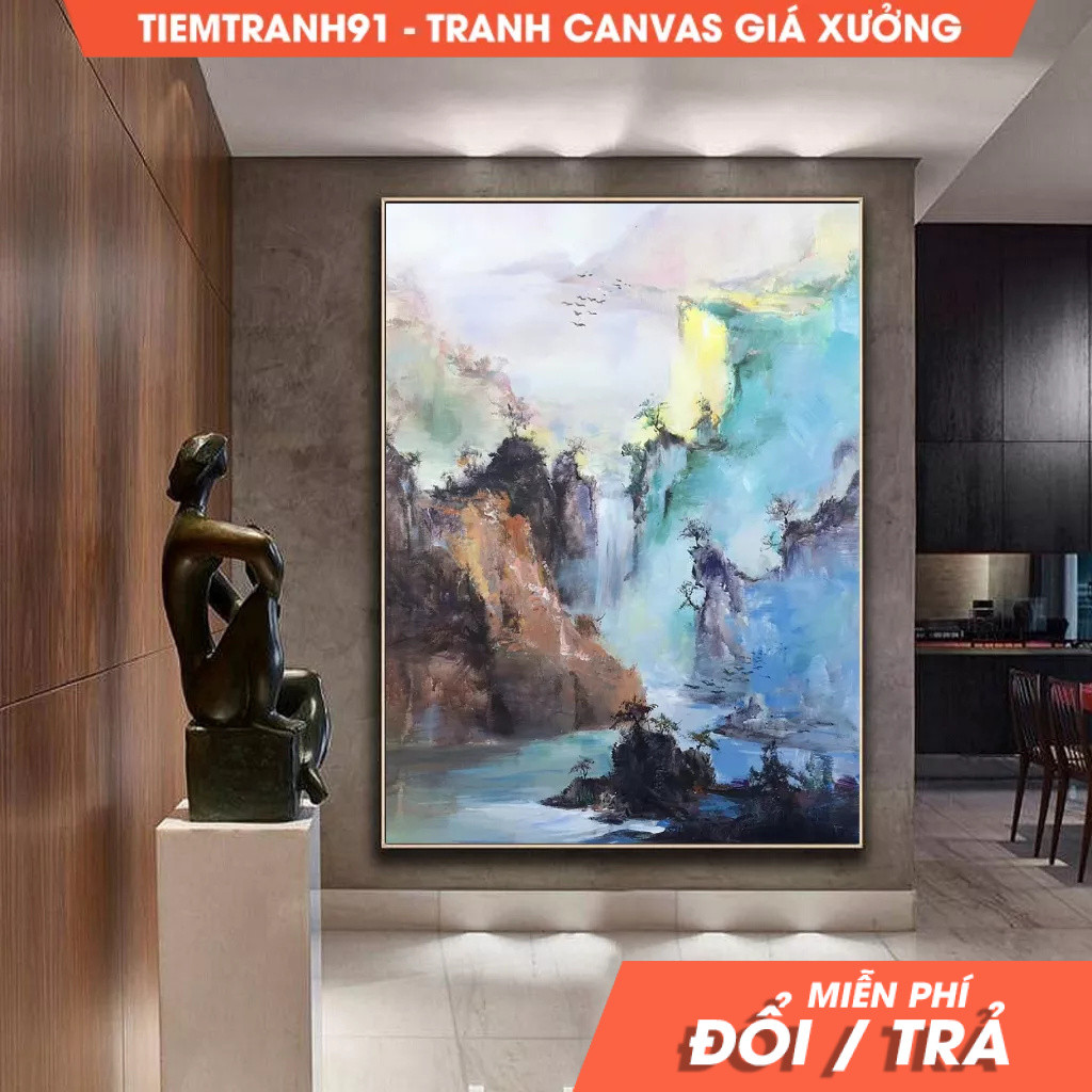 Tranh treo tường, Large mountain landscape painting on Canvas,Original Waterfall landscape painting,
