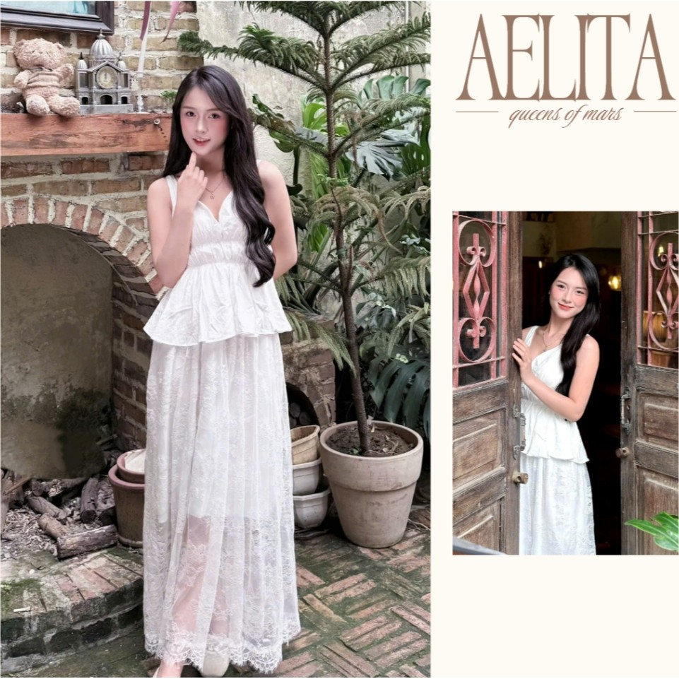 Váy liền maxi dài ren hoa chi tiết nàng thơ, nữ tính form xòe che khuyết điểm AELITA - TR21