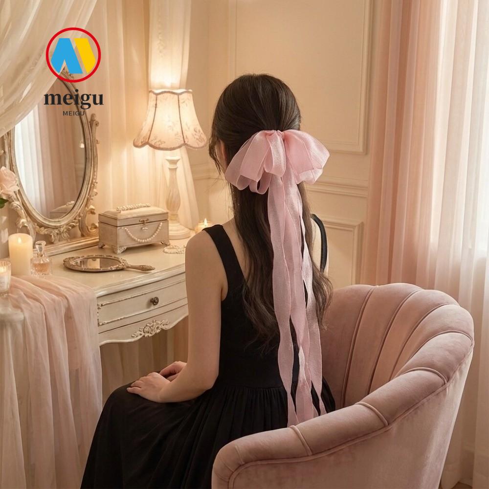 Kẹp Tóc Nơ MEIGU, Ruy Băng Lưới Dài Quá Khổ Barrette, Phụ Kiện Tóc Vintage Lưới Ruy Băng Barrette To