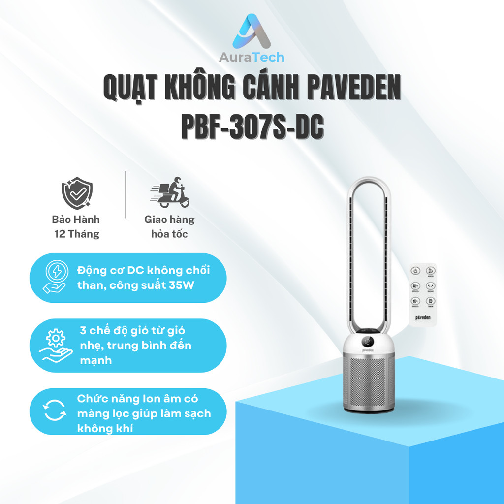 Quạt Không Cánh Paveden PBF-307S-DC - 24 mức gió - Chế độ hẹn giờ đến 12 giờ - Bảo Hành 12 Tháng