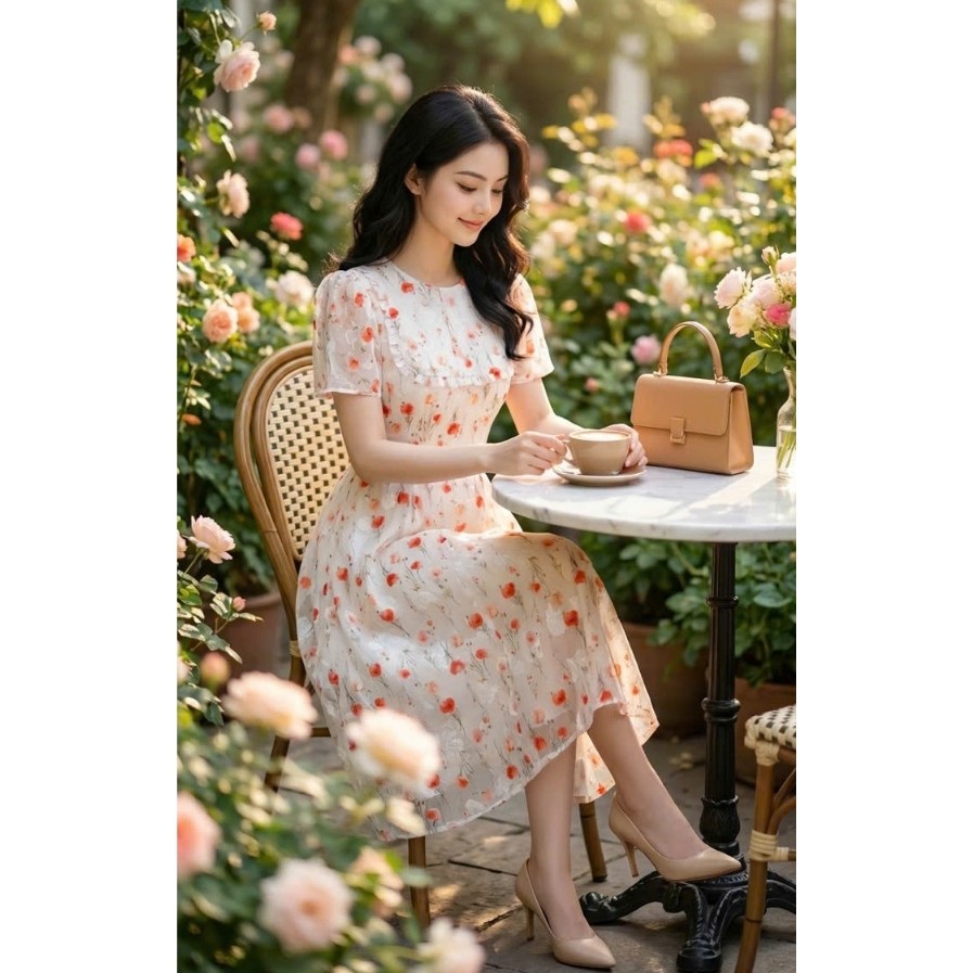 Váy voan hoa xinh thiết kế công sở dáng xòe tay loe thanh lịch đi làm đi chơi eo tôn dáng Lux W Fash