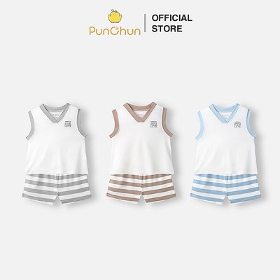 [PUNCHUN 6M-5Y] Bộ quần áo sát nách cổ tim Punchun Cup cho bé trai
