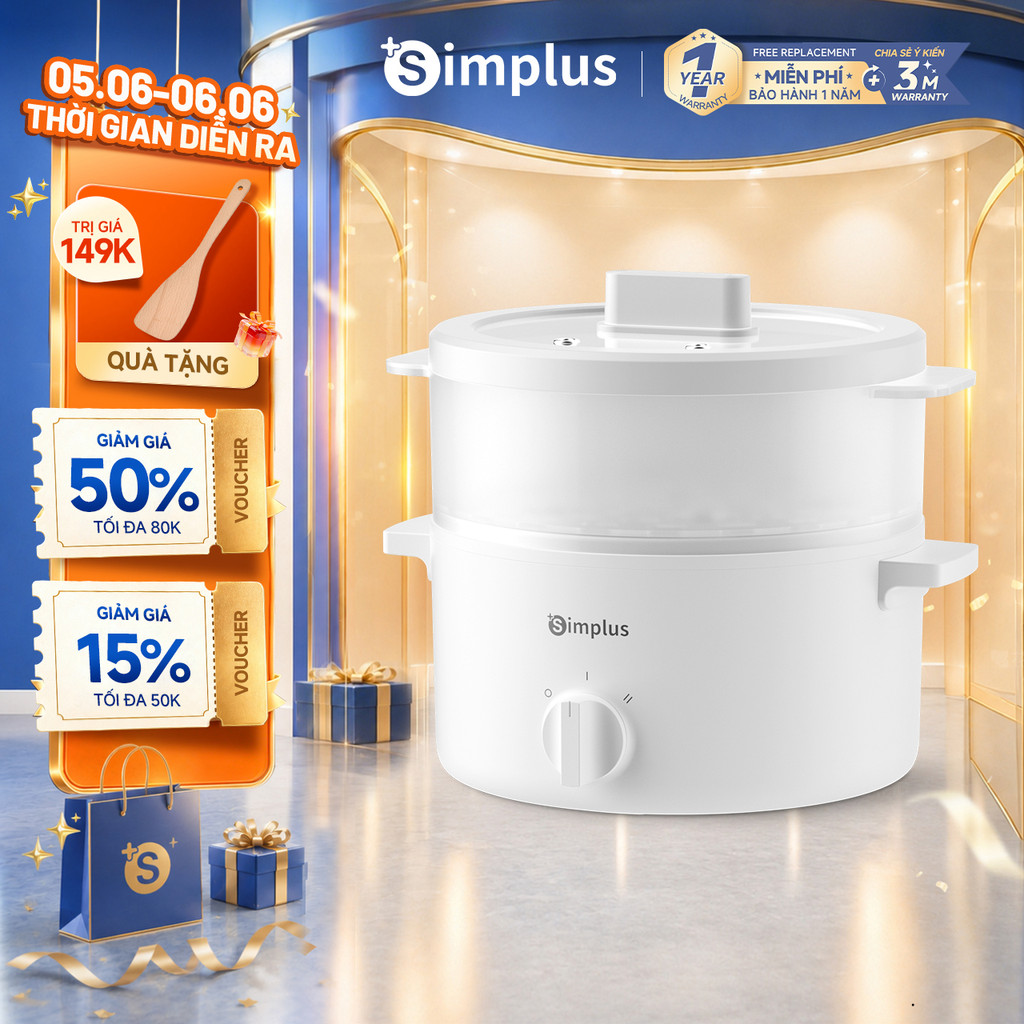 Simplus Nồi cơm điện Dung tích 1.8L • Nồi điện đa năng • Công suất 600W • Nấu nấu đa năng •Hấp và luộc cùng lúc DZGH013