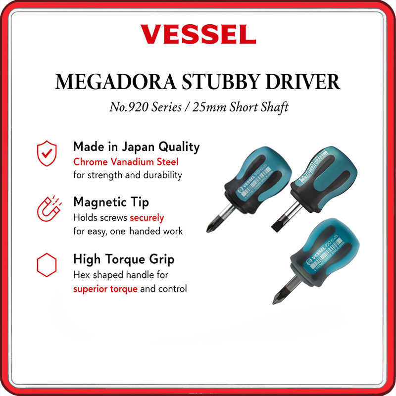 VESSEL Megadora Stubby Screwdriver No.920 Series 25mm Magnetic Short Shaft Driver (+1 / +2 / -6mm) M