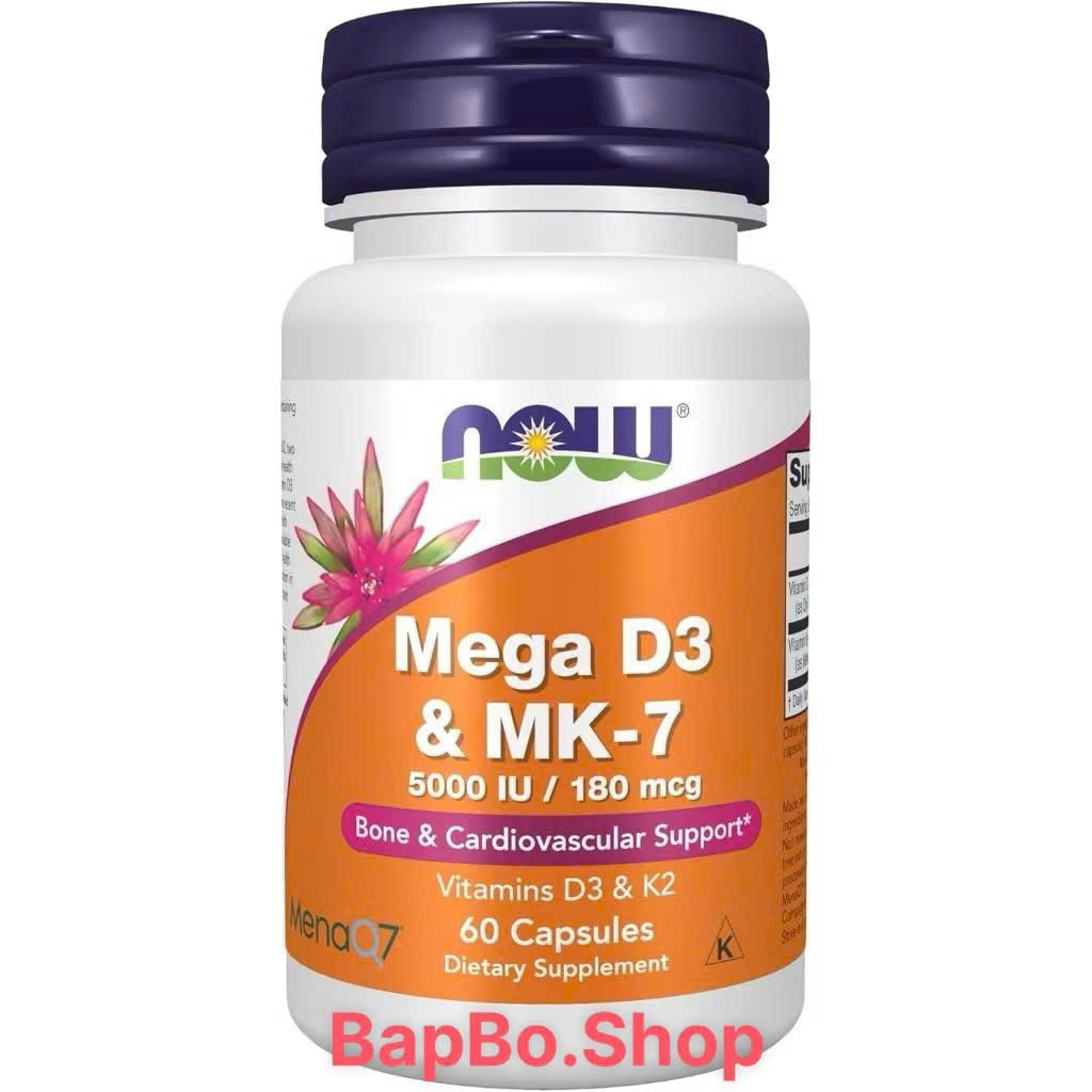 Vitamin D3 K2 MK7 5000IU 180mcg NOW Foods Mega D3 & MK-7 – Hỗ Trợ Xương Khớp, Tim Mạch, Hấp Thu Canx