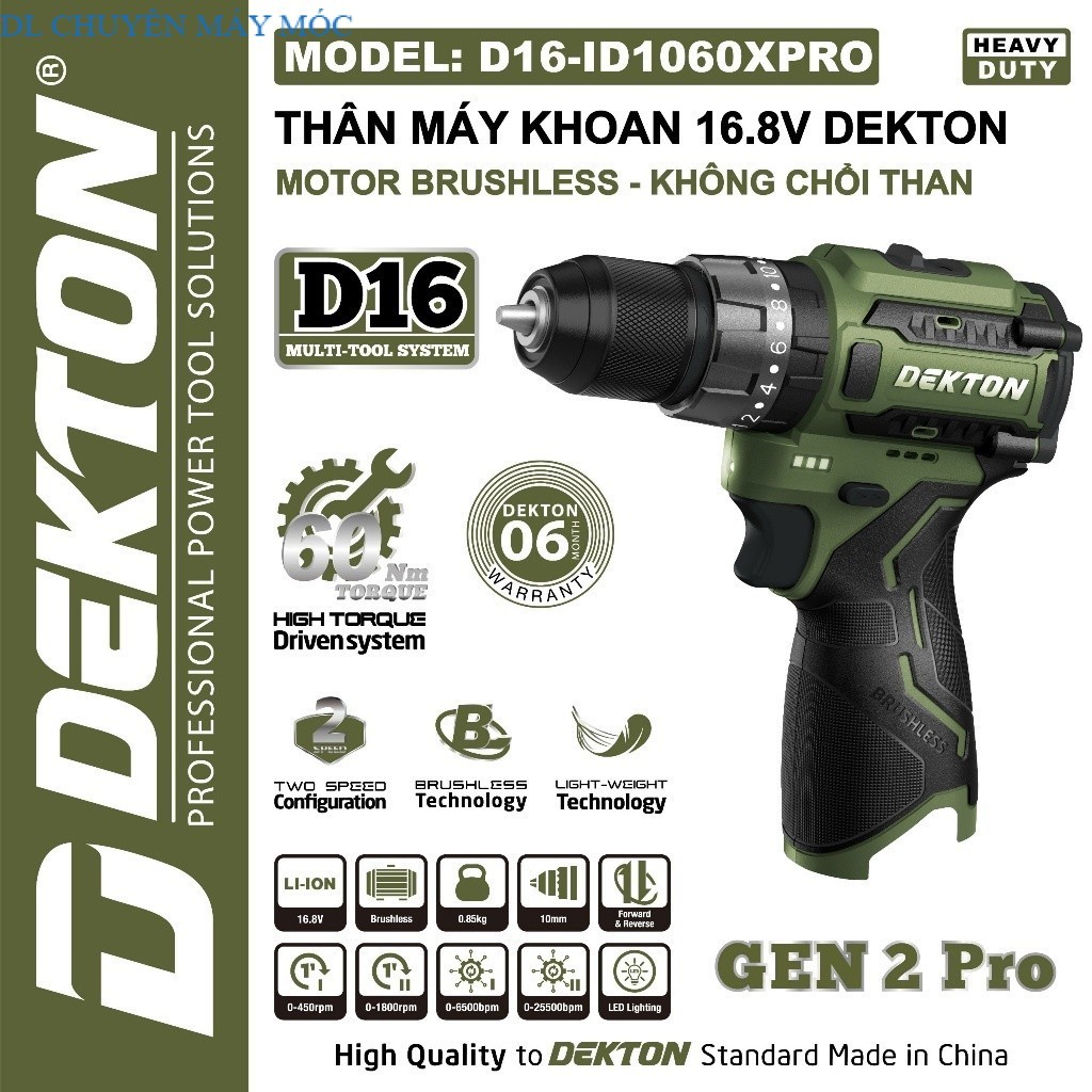 Máy khoan pin DEKTON Gen 2 Pro D16-ID1060XPRO, Không chổi than 60Nm, 3 Chức năng DLCHUYENMAYMOC