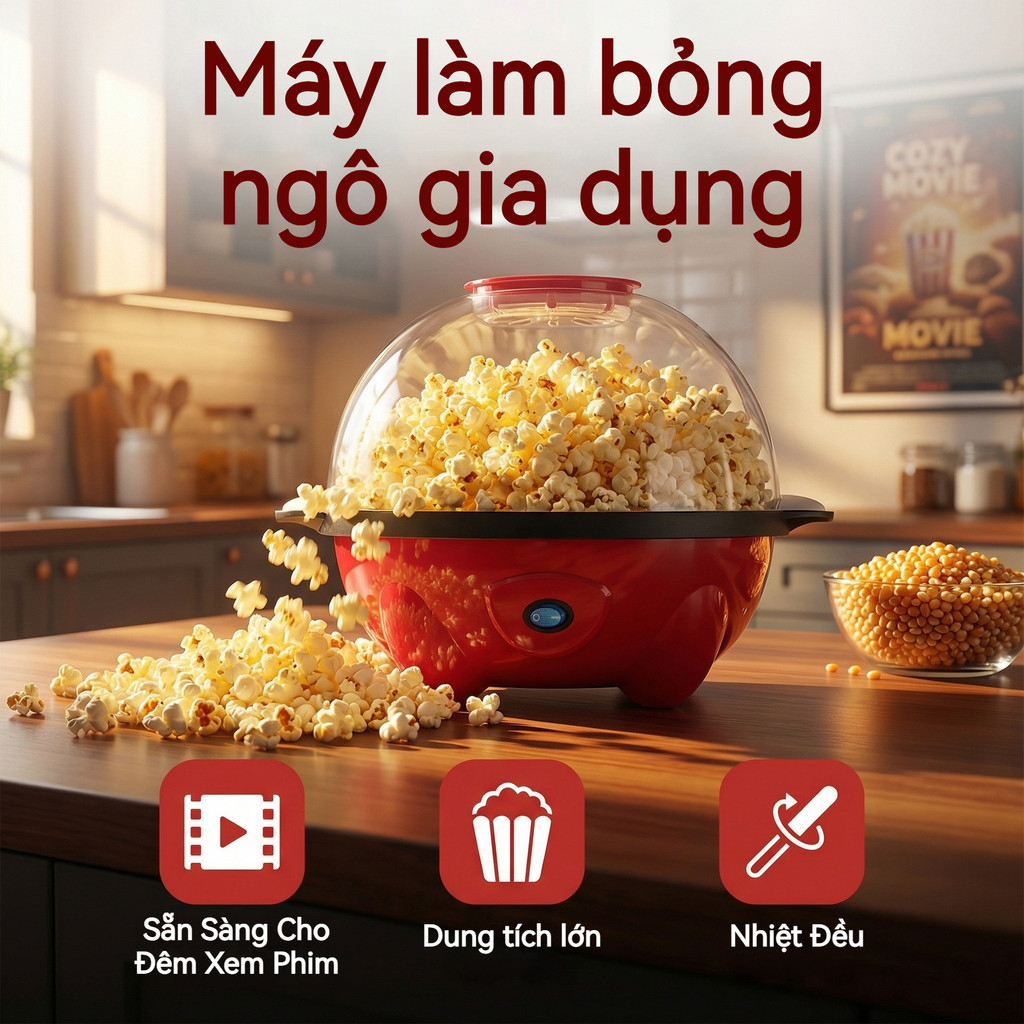 Máy làm bỏng ngô điện gia dụng, dung tích lớn có đảo tự động, tự do làm bỏng ngô tại nhà