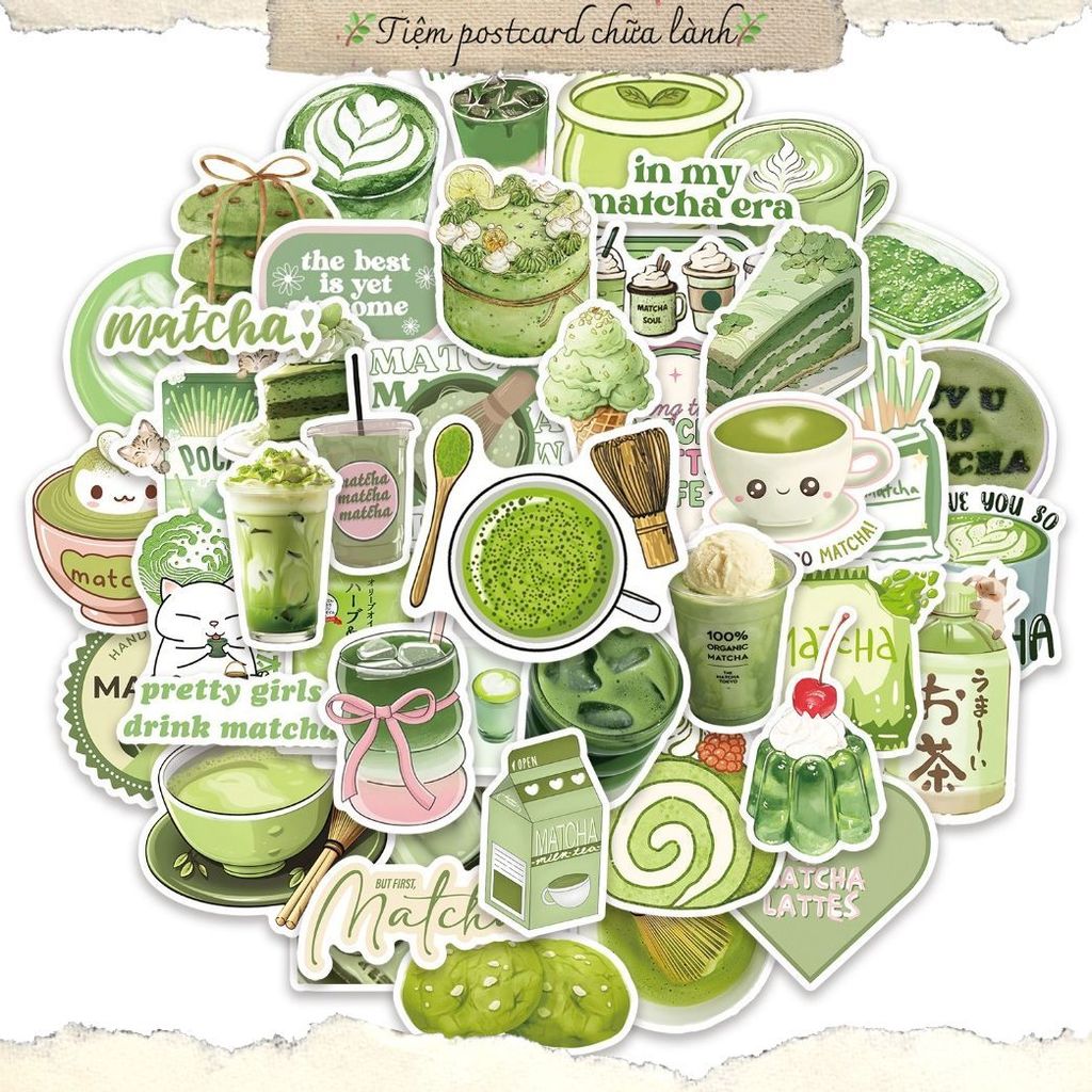 Set 10/20/50 cái sticker chống nước MATCHA LATTE BÁNH MATCHA ĐỒ UỐNG MATCHA dán mũ bảo hiểm vali lap