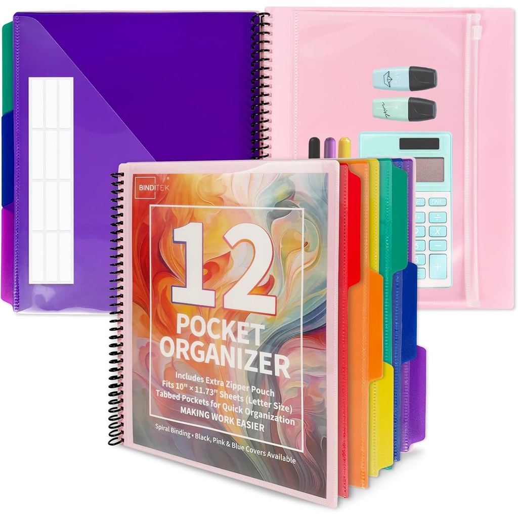Binditek 12-Pocket Poly Project Organizer, Vỏ Poly hạng nặng, Túi trước trong suốt, Bộ chia 6 màu vớ