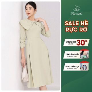 Đầm nữ HeraDG dáng xòe thiết kế xếp bông chân, xếp nơ cổ xinh xắn, nhẹ nhàng WDPBB3013