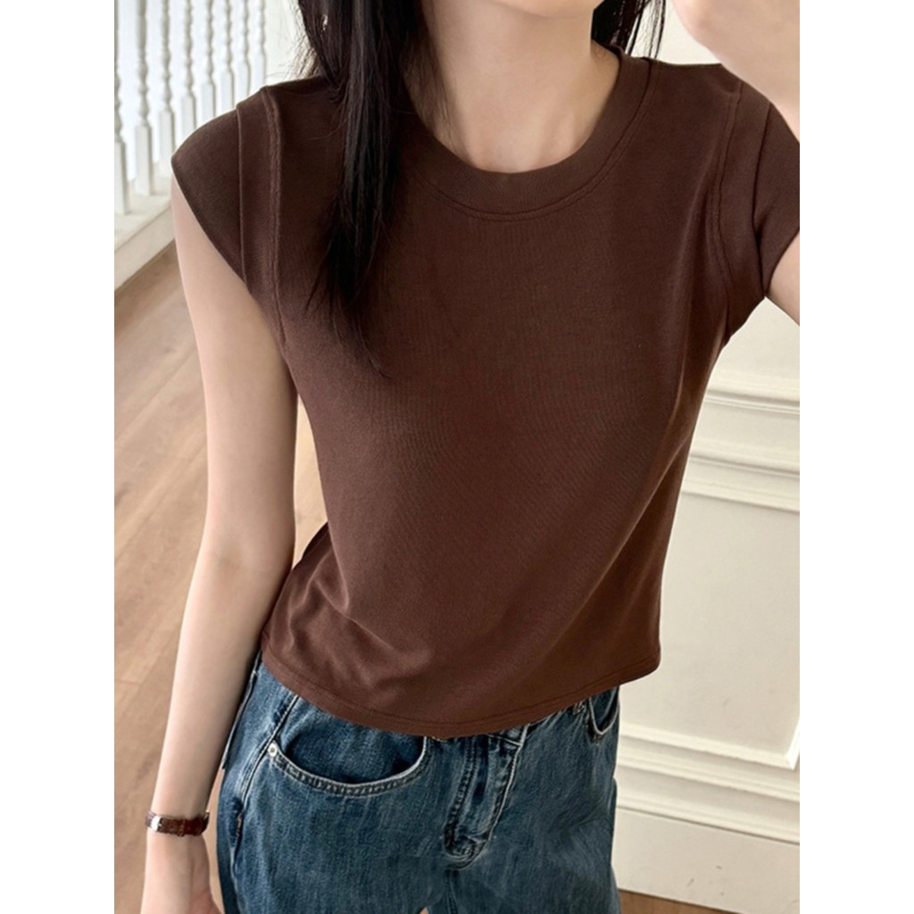 Màu Trơn Mỏng Hơn Nhìn Ôm Cổ Tròn Nhỏ Bay Tay Đáy Áo Sơ Mi Top Mùa Hè Phong Cách Mới Áo Thun Nữ Tay 