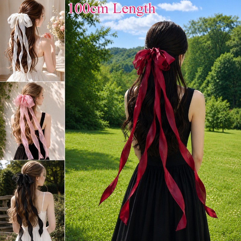 Dài Chảy Ruy Băng Nơ Lớn Tóc Ngọt Ngào Organza Nửa Lên Kiểu Tóc Mùa Xuân Kẹp Phụ Kiện