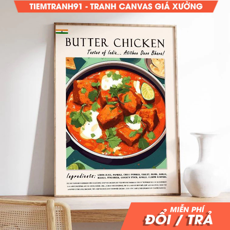 Tranh treo tường, Butter Chicken Indian Food Poster, Indian Food Art, Kitchen Decor, Curry Poster, I