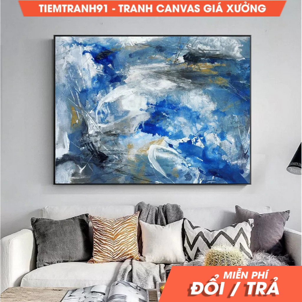 Tranh treo tường, Large Abstract Painting, Blue Painting,Large White Clouds abstract painting,Sky Ab
