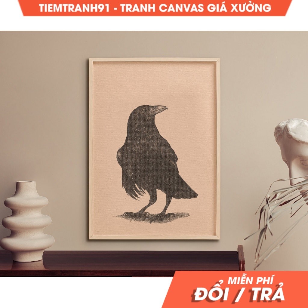 Tranh treo tường, Raven Drawing Wall Art, Black Beige Wall Art, Cute Artful Art, Pencil Drawing, tặn