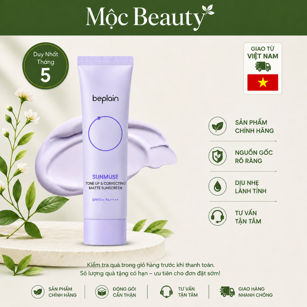 KCN BEPLAIN Sunmuse lai Vật Lý & Hoá Học Nâng Tone & Hiệu chỉnh da Matte Mịn lì SPF 50+ PA++++ 50mL