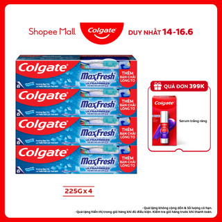 Bộ 4 Kem đánh răng Colgate Maxfresh bạc hà the mát 225g/tuýp tặng bàn chải đánh răng lông mềm