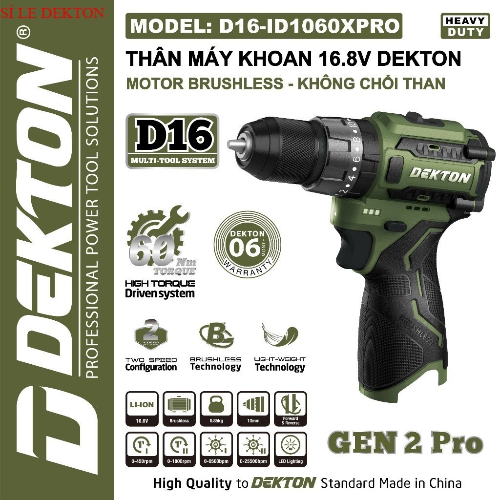 Máy khoan pin DEKTON Gen 2 Pro D16-ID1060XPRO, Không chổi than 60Nm, 3 Chức năng SỈ LẺ DEKTON