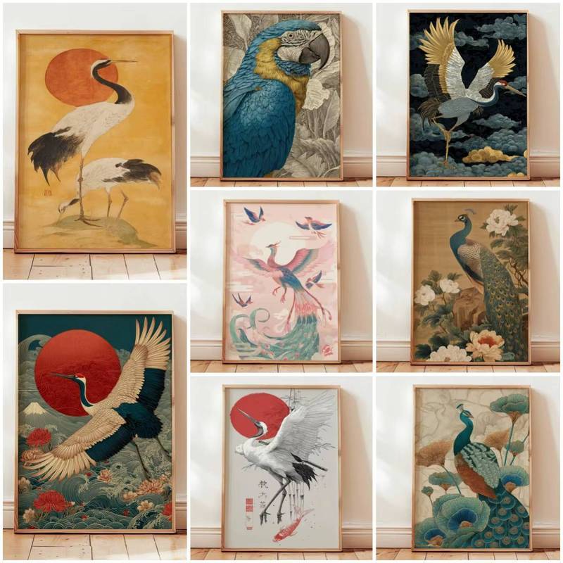 Nhật Bản Ukiyo-e Crane và Con Công Treo Tường Nghệ Thuật Vintage Chim Canvas Nghệ Thuật Chống Thấm N