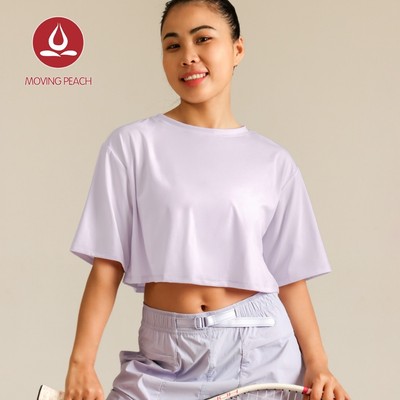 MOVING PEACH Áo thun thể thao nữ Thư giãn vừa vặn Thoáng khí Yoga Crop Top Mềm mại Cổ điển phi hành đoàn Đường viền cổ Chạy tay ngắn Thể dục Khiêu vũ Mặc hàng ngày ATL (mới)