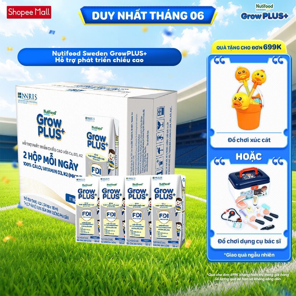 Thùng 24 hộp Sữa Bột Pha Sẵn Nutifood Sweden GrowPLUS+ Cao lớn vượt trội 24 hộp 180 ml