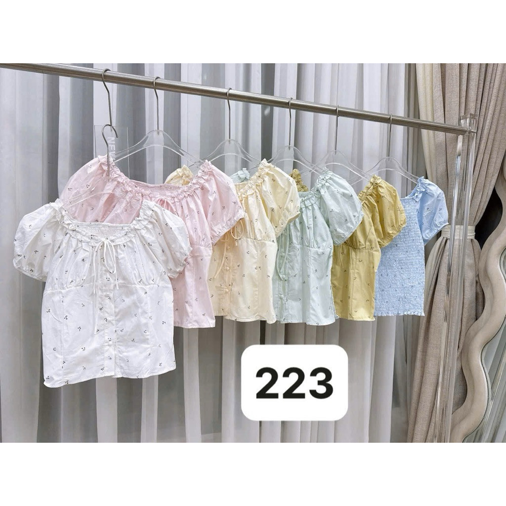 JANG STORE Áo kiểu trễ vai hoa nhí tay cộc bồng khuy cài 81871 + 223 jang store