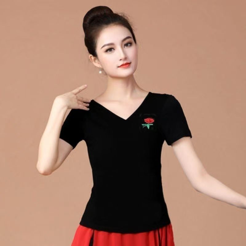 Khiêu vũ vuông Ba phần tư tay áo Dance Top Summer Dance Modal Dance Mỏng cổ chữ v Quần áo khiêu vũ m