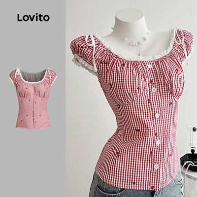 (New) Lovito Áo sơ mi ren dễ thương buộc dây mùa xuân hè màu đỏ dành cho phụ nữ L144AD157