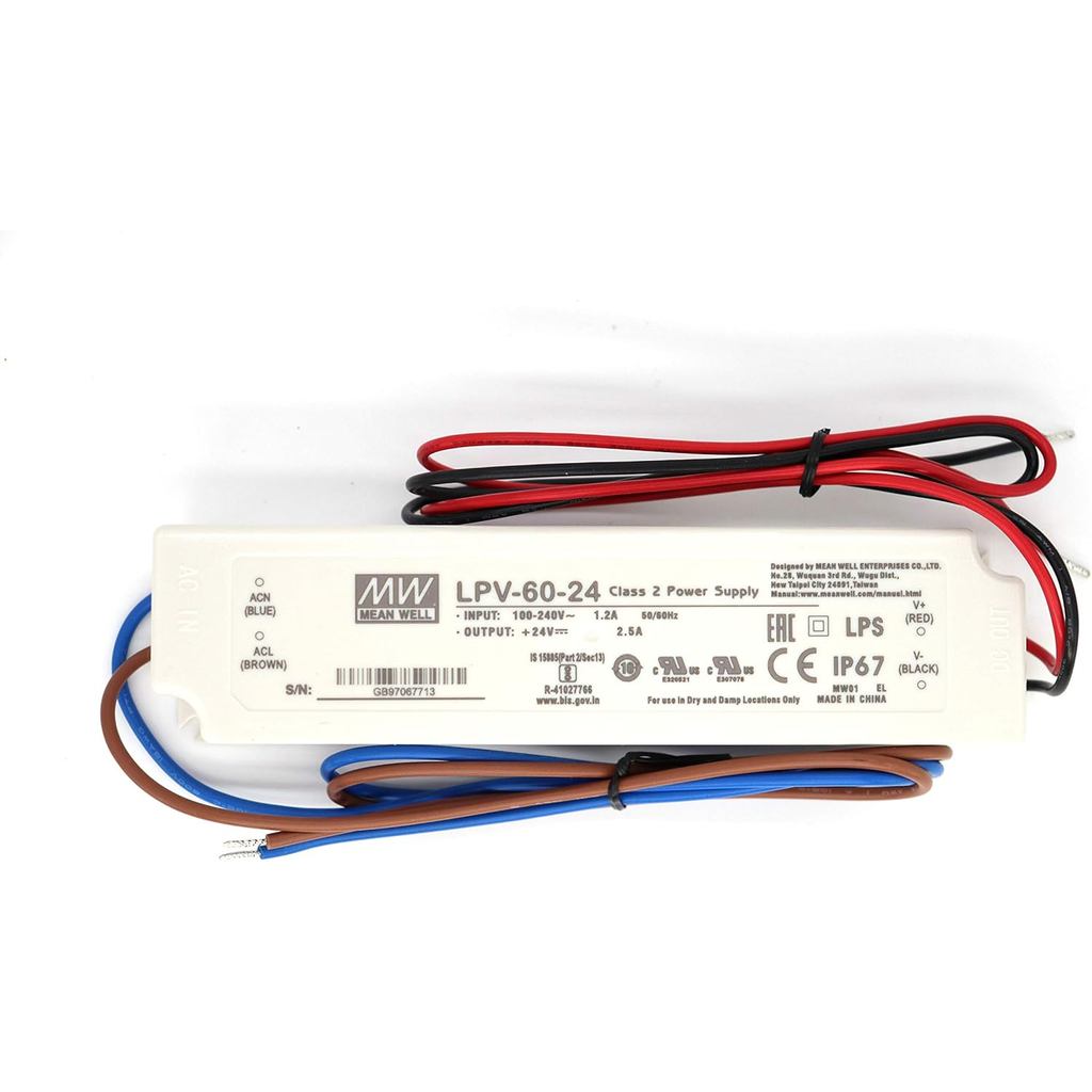 MEAN WELL LPV-60-24 60Watts 2.5Amp 24VDC C.V Trình điều khiển LED Đầu ra đơn Nguồn điện IP67 chống n