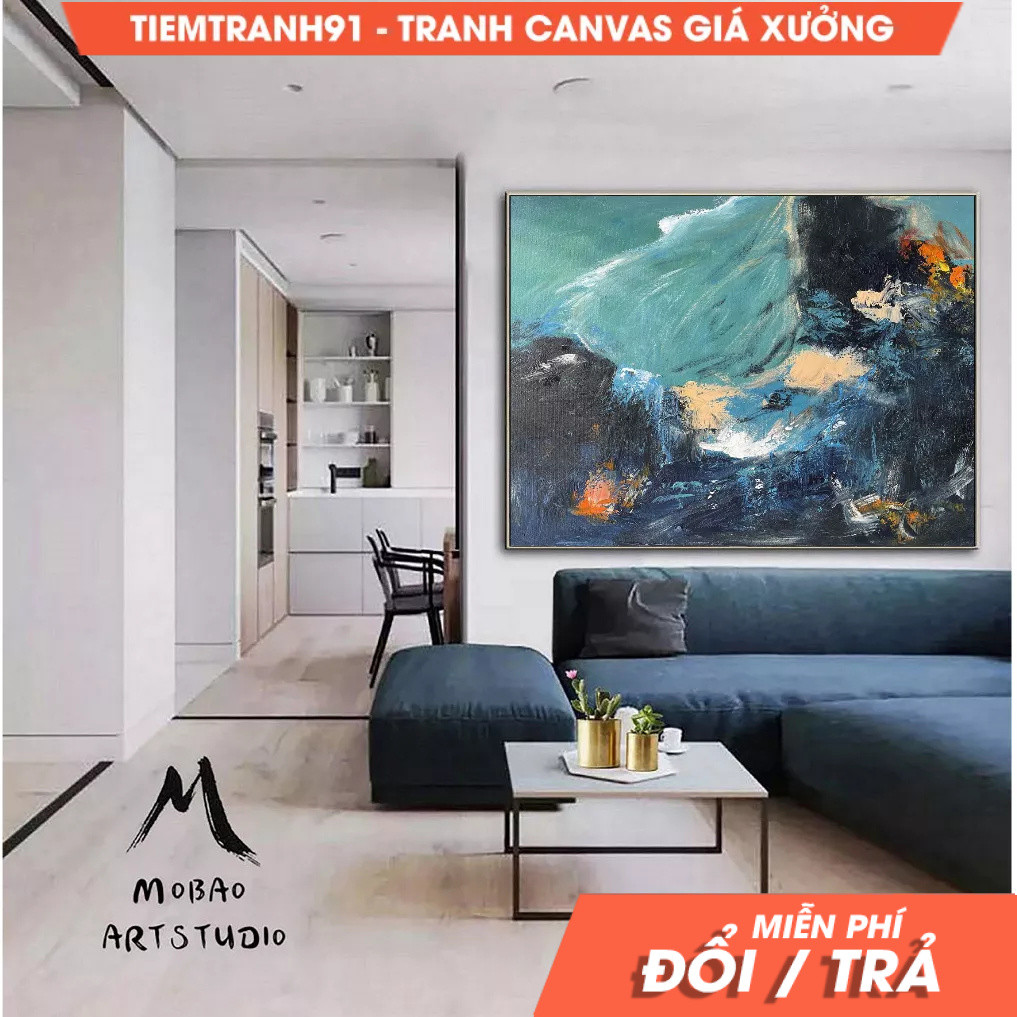 Tranh treo tường, Green Abstract Painting Green Emerald Painting Dark Blue Minimalist Abstract Paint