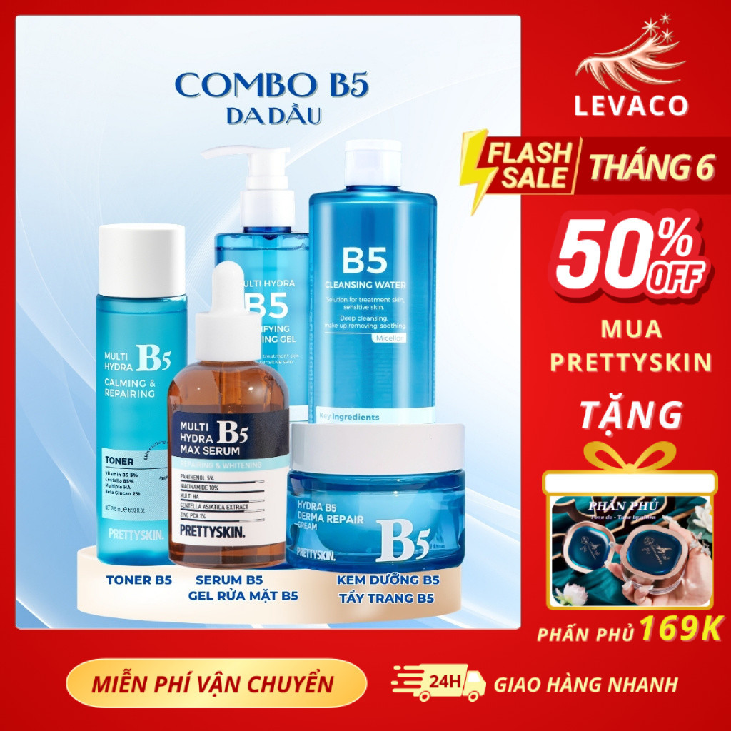 Bộ 5 sản phẩm chăm sóc da B5 da dầu, Toner B5, Serum B5 da dầu, Kem dưỡng B5, Nước tẩy trang B5, Gel