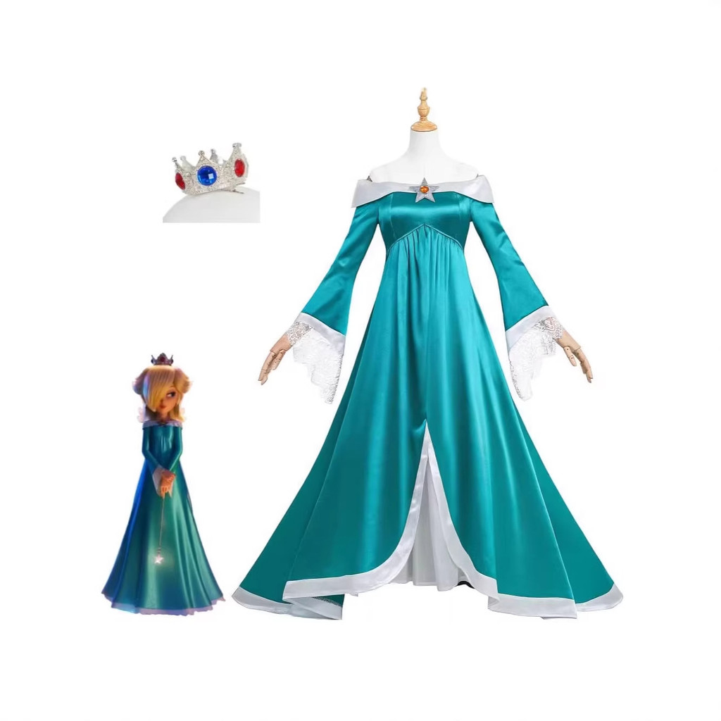 Super Mario Rosata Công Chúa cos Quần Áo Rosalinda Xanh Satin Đầm Dài Phong Cách Cung Điện Đầm