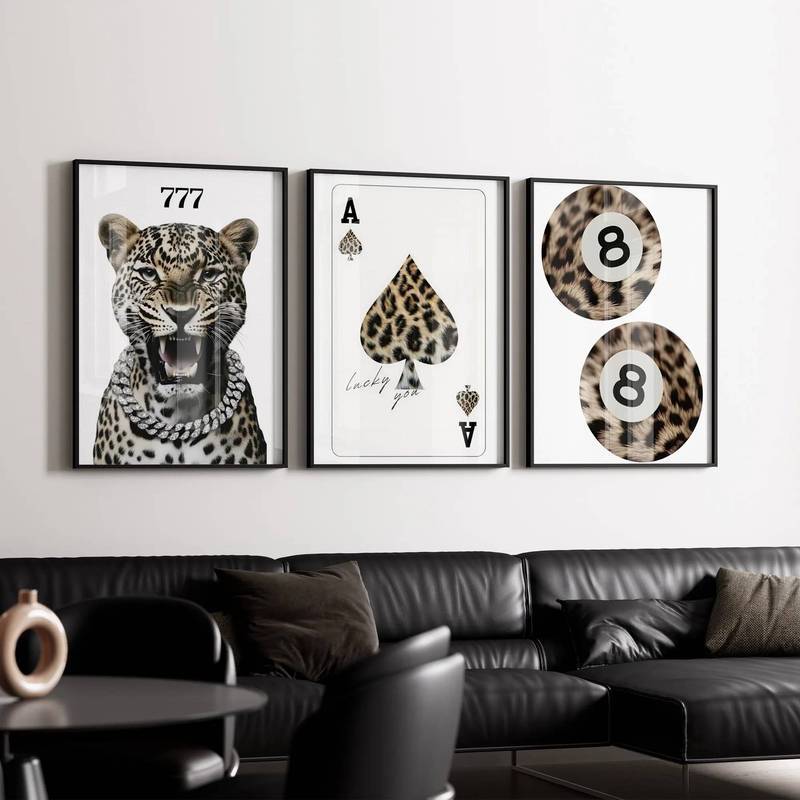 Leopard Lucky 777 Ace Card 8 Ball Wall Art Set Luxury Wild Animal Canvas Art