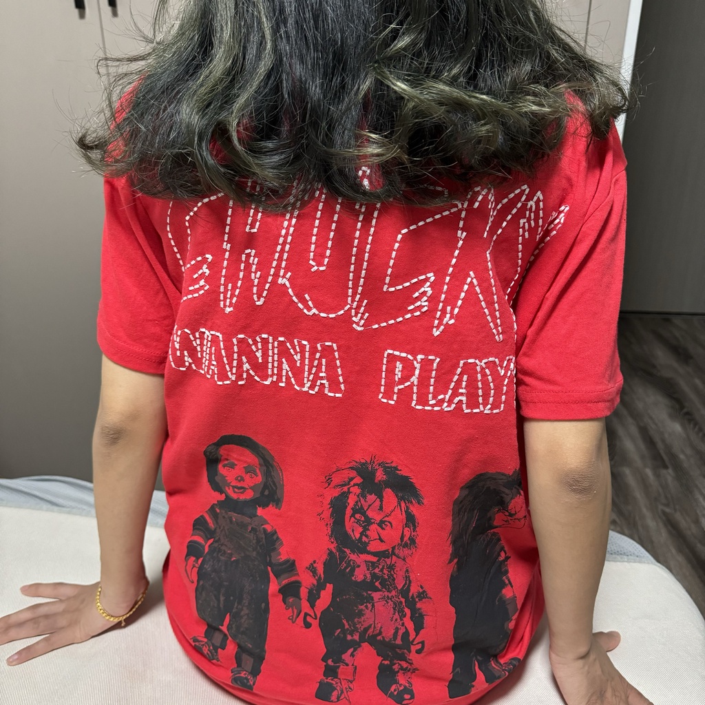 Đơn Hàng Xuất Khẩu Thêu Ma Bé Chucky Chucky Nam Nữ Tay Ngắn Rời Cổ Tròn Áo Thun Phố Niche Đỏ 574