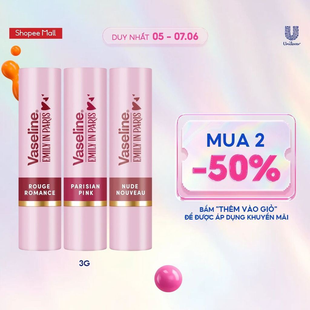 [Mua 2 giảm 50%] Son màu dưỡng môi Vaseline Emily In Paris 3g (Parisian Pink / Rouge Romance/ Nude Nouveau) | BigBuy360 - bigbuy360.vn