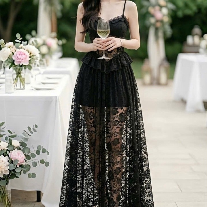 BEN FASHION DESIGN - DR14 ĐẦM REN ĐEN 2 DÂY ĐI CHƠI ĐI BIỂN ĐI DU LỊCH CỰC XINH