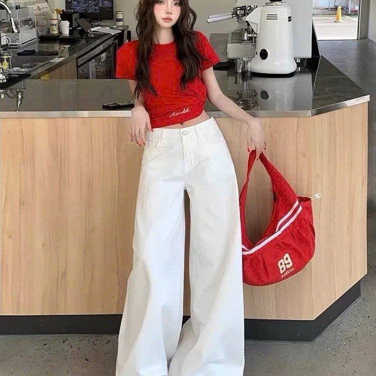 Quần Jean Nữ Rộng Màu Trắng Trơn Ống 27Cm Chiều Dài 102Cm Chất Jean Đứng Form Không Co Dãn Phù Hợp N
