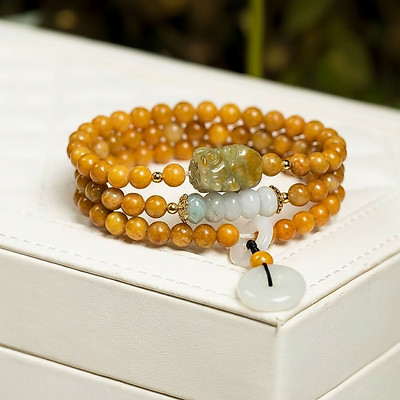 Vòng Cẩm Thạch Hoàng Phỉ Type A Mix Charm Tỳ Hưu Và Ngũ Điếu - Ngọc Trai Trường Thịnh
