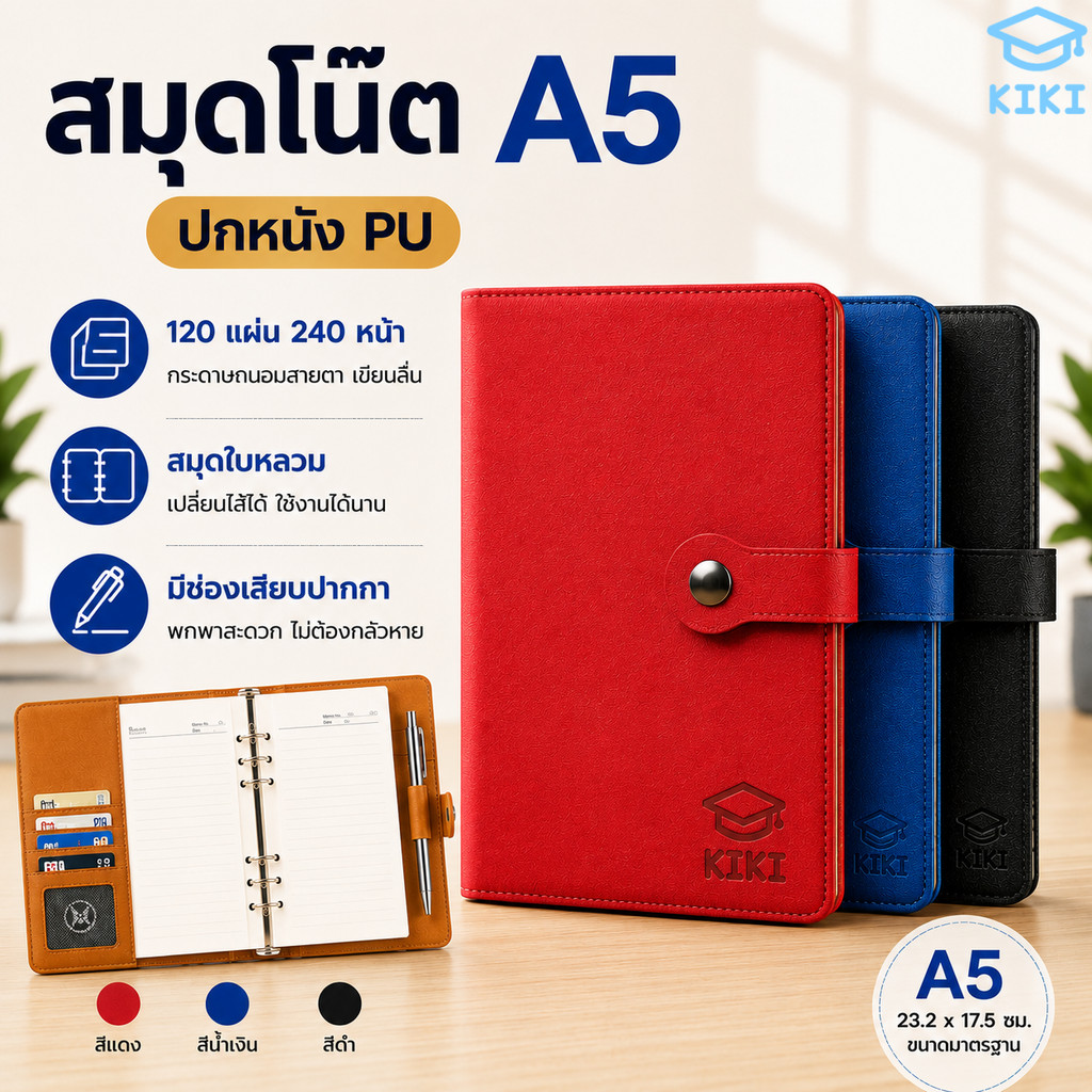 KIKI A5 Notebook Da PU Loose-Leaf 120 Tờ 240 Trang Thay Đổi Tạp Chí Làm Đầy