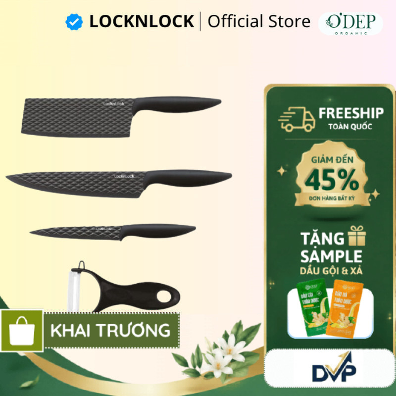 Bộ dao 4 món LocknLock, chống dính, chất liệu thép không gỉ (3 dao 1 bào) - Màu đen CKK104S4 - SHOP 