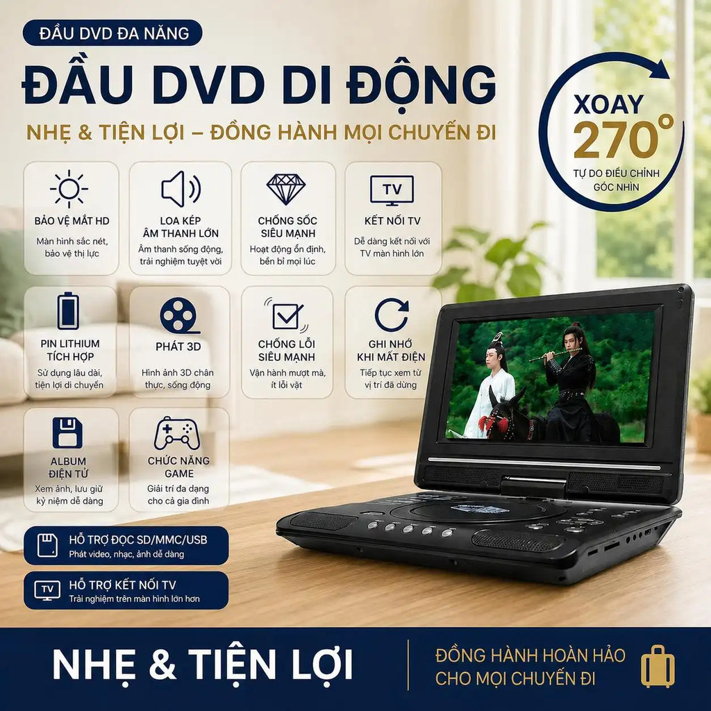 Đầu DVD di động Đầu DVD xoay 270° Đầu DVD màn hình LCD Đầu DVD mini Phát nhạc phim USB SD TV du lịch