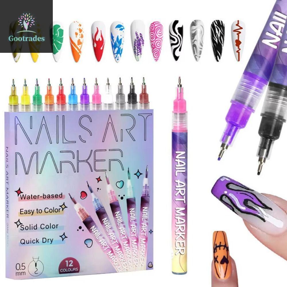 GOOTRADES DIY Nail Art Nail Marker, 12 màu 0.5 / 0.7 MM Tip 3D Nail Art Pen DIY Set, Precision Porta
