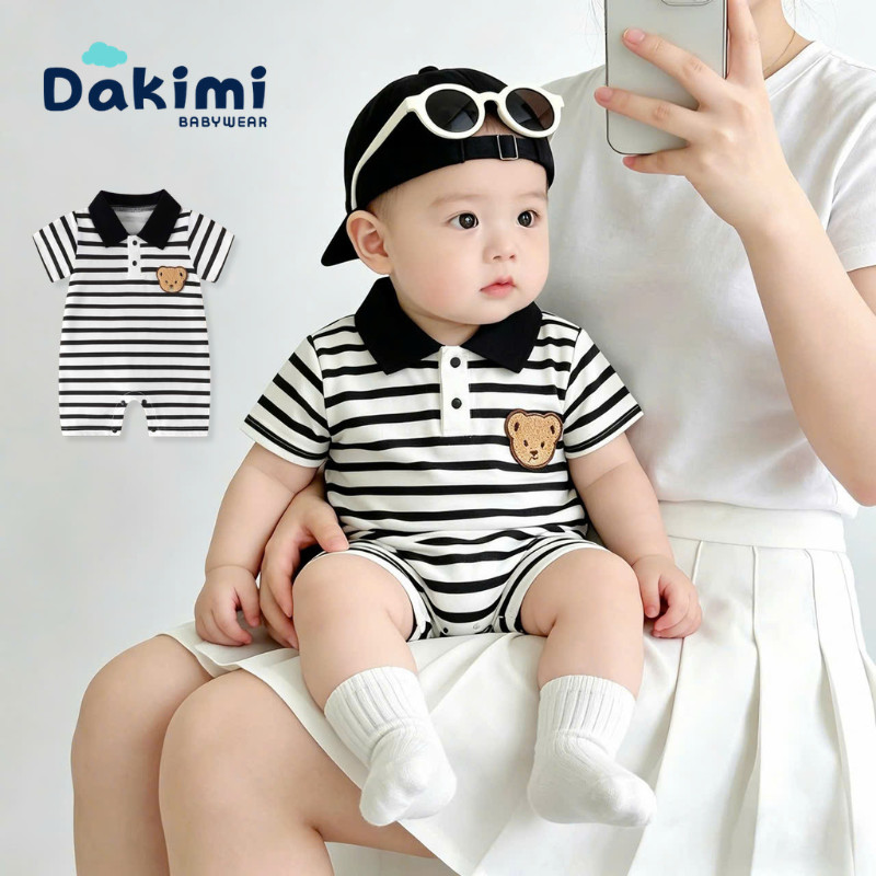 Bodysuit Polo kẻ gấu Dakimi cho bé, Đồ sơ sinh bé trai gái mùa hè, Bodysuit cho bé 0-12M