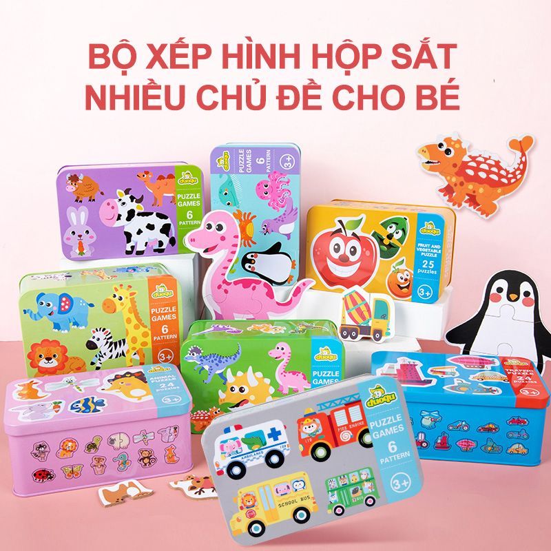 Đồ chơi xếp hình 2-6 miếng ghép chủ đề động vật, phương tiện, có hộp sắt đựng - Lado Shop