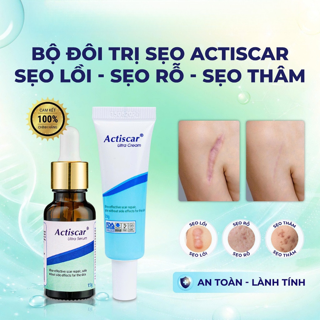 Combo Kem và Serum Mờ Sẹo Actiscar Làm Mờ Sẹo Lồi, Lõm, Thâm Rỗ, Mất Sắc Tố, Sẹo Do Phẫu Thuật, Bỏng
