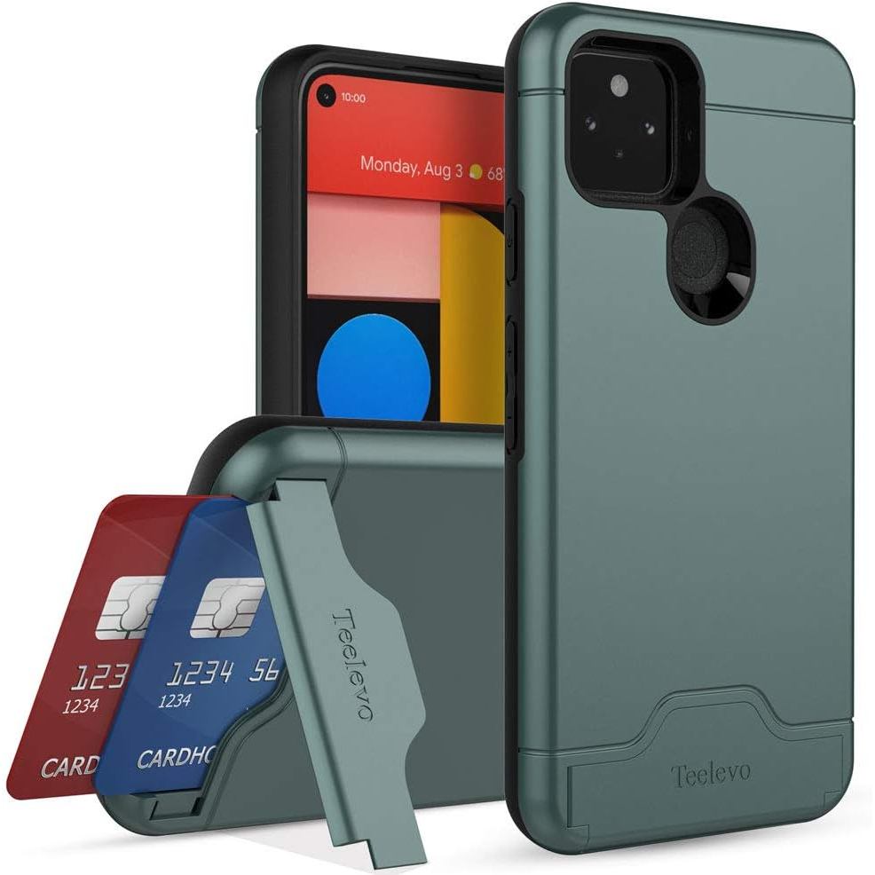 Teelevo Ví Cho Google Pixel 5, Ốp Lưng Hai Lớp Có Khe Cắm Thẻ Và Chân Đế Cho Google Pixel 5 - Xanh Đ